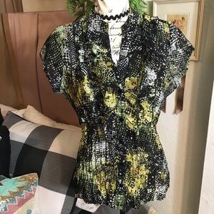 NY Collection button front ruffled chest blouse